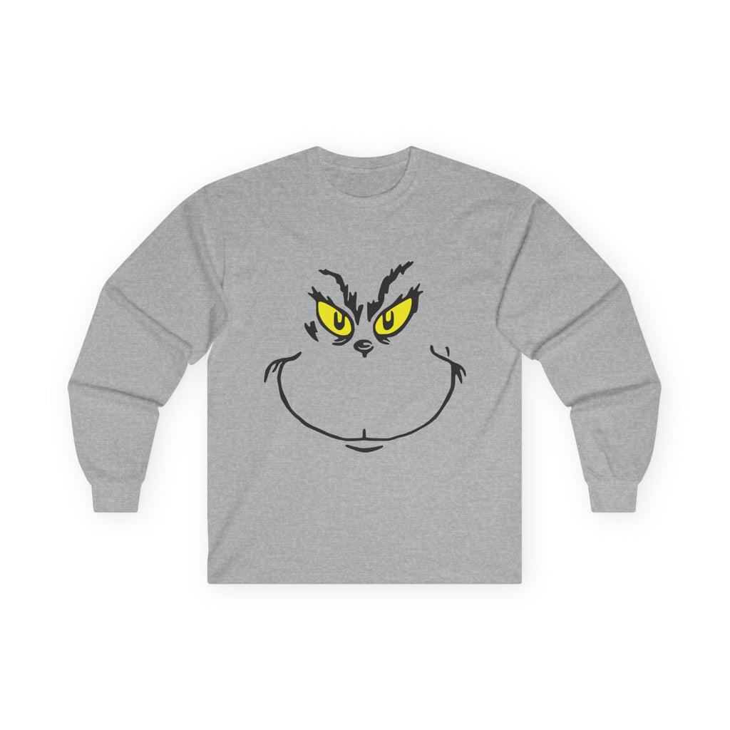 Grinch Face Long Sleeve Tee — Mischievous Holiday Graphic Shirt