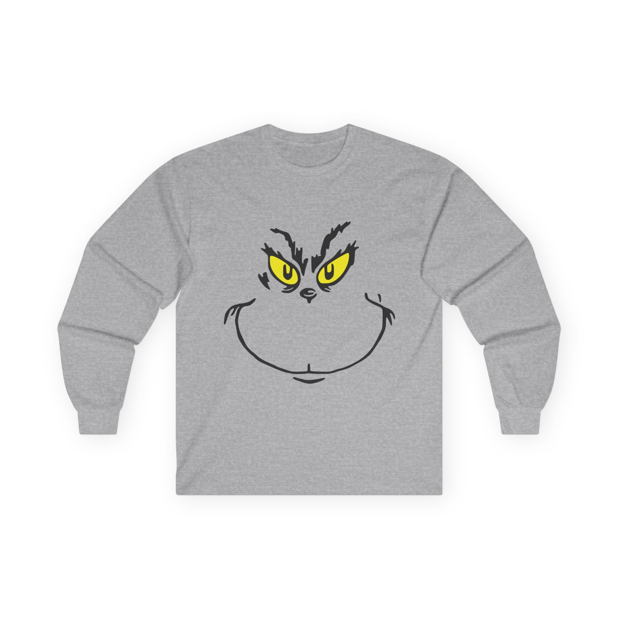 Grinch Face Long Sleeve Tee — Mischievous Holiday Graphic Shirt