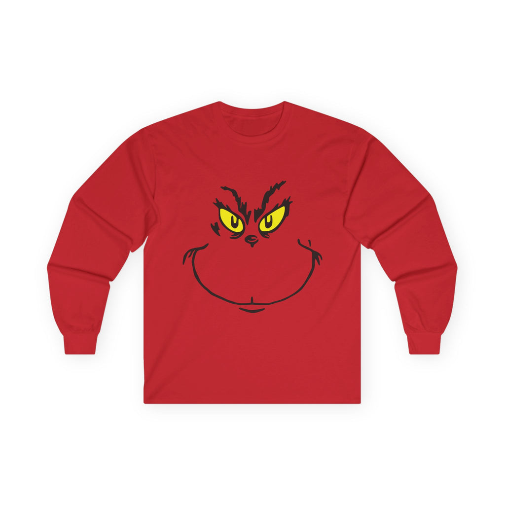 Grinch Face Long Sleeve Tee — Mischievous Holiday Graphic Shirt