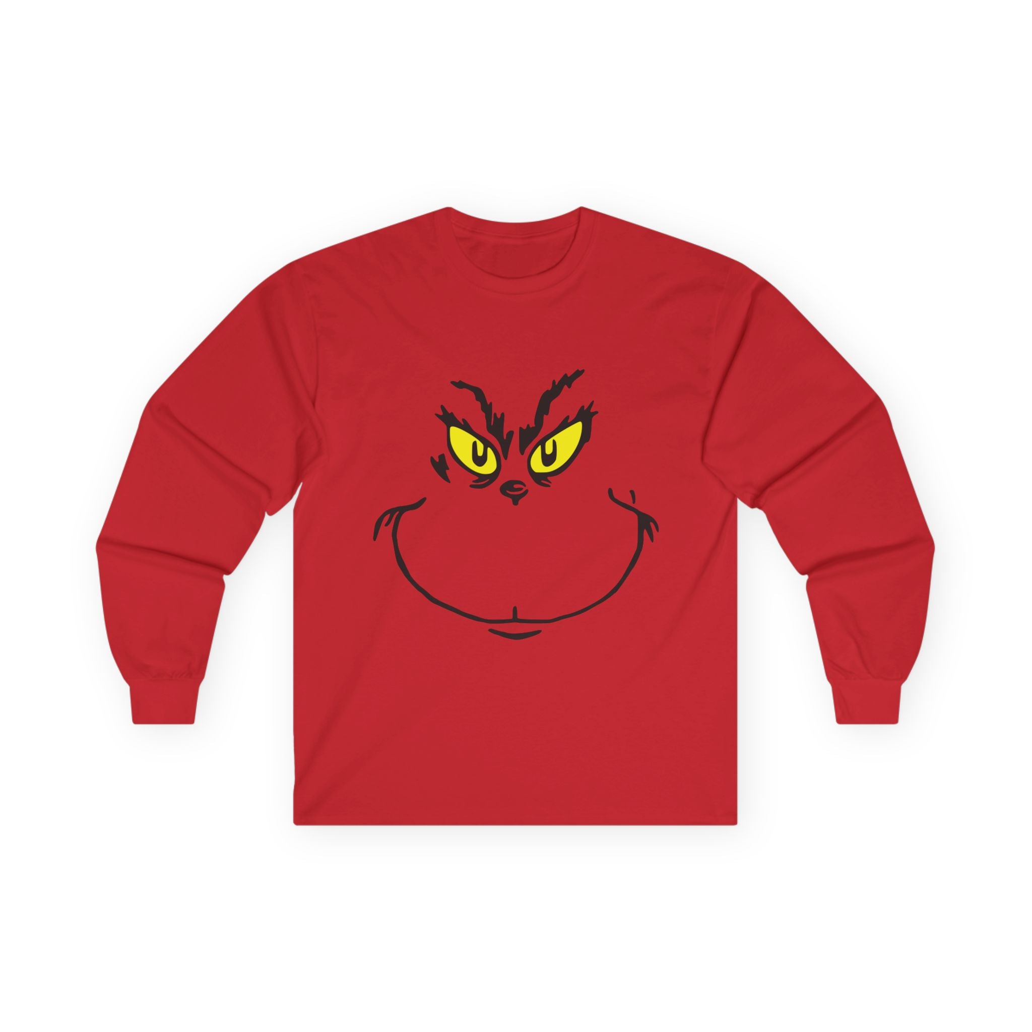 Grinch Face Long Sleeve Tee — Mischievous Holiday Graphic Shirt