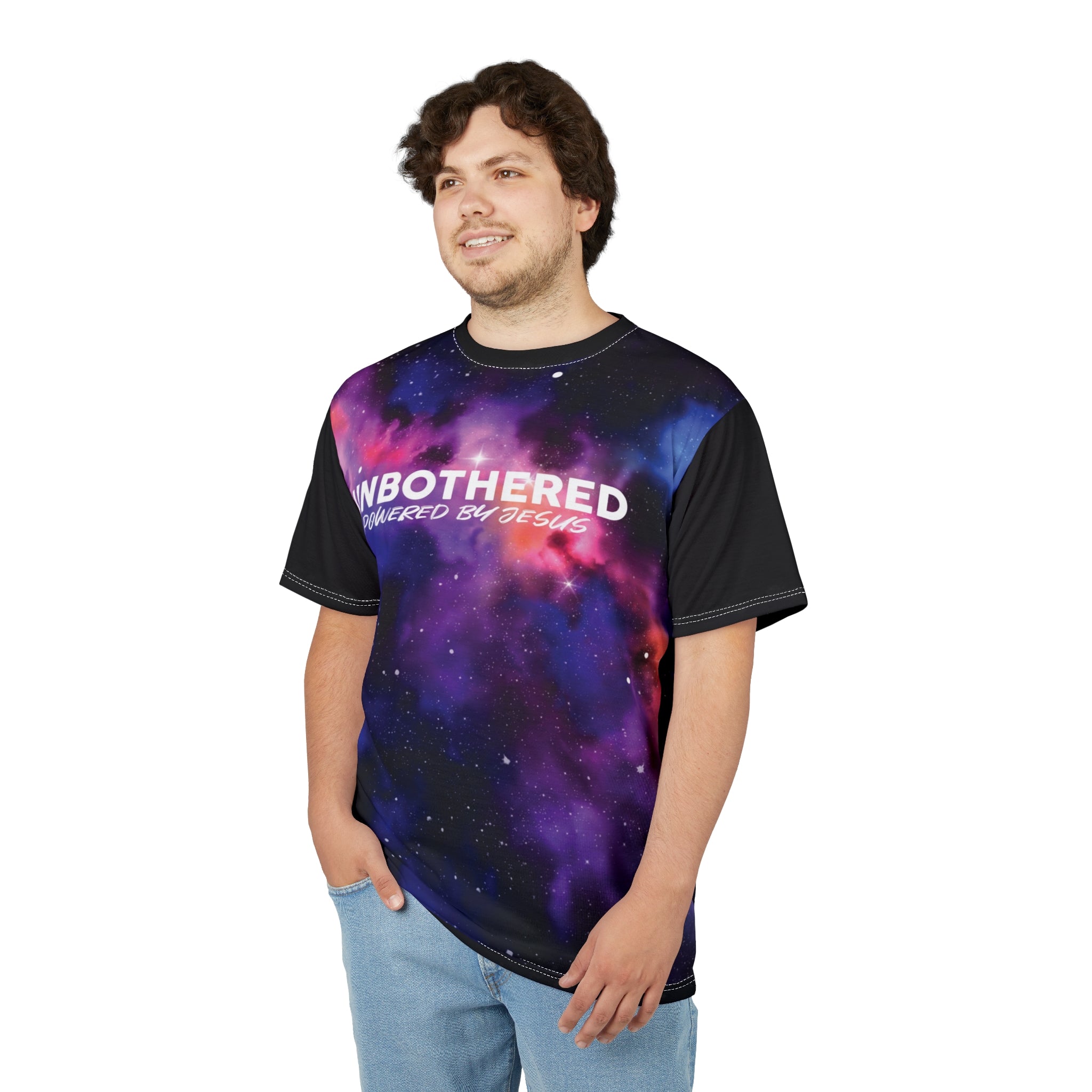 Unbothered Powered by Jesus Tee — All-Over Cosmic Faith T-Shirt