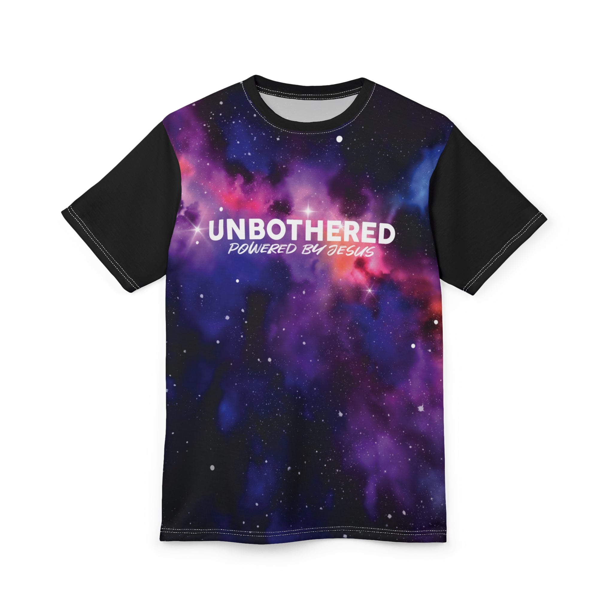 Unbothered Powered by Jesus Tee — All-Over Cosmic Faith T-Shirt